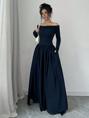 RAFFERIZA OFF-SHOULDER LONG SLEEVE TWIST FRONT A-LINE POCKET MAXI ELEGANT DRESS