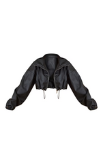 BLACK BASIC RUCHED HEM CROPPED FAUX LEATHER JACKET