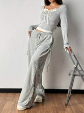 FRILL TRIM FRONT TIE LONG SLEEVE TOP & DRAWSTRING WIDE LEG PANTS