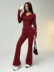 WOMEN'S SOLID COLOR ZIP-UP DRAWSTRING HOODED SHIRT AND FLARED PANTS SET