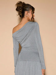 ASYMMETRIC NECK PLEATED SLIM FIT LONG SLEEVE TOP AND SKIRT