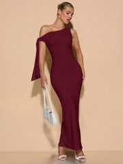 SOLID ASYMMETRICAL NECK TIE-UP RUCHED ELEGANT SIDE SLIT DRESS