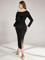 ASYMMETRICAL SHOULDER RUFFLE TRIM WAIST CINCHED WAIST MIDI DRESS
