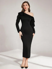 ASYMMETRICAL SHOULDER RUFFLE TRIM WAIST CINCHED WAIST MIDI DRESS