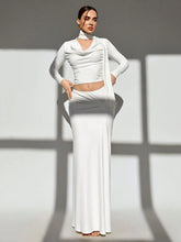 MINIMALIST COWL NECK LONG SLEEVE TOP WITH LOW WAIST RUCHED A-LINE MINI SKIRT