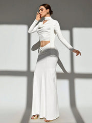 MINIMALIST COWL NECK LONG SLEEVE TOP WITH LOW WAIST RUCHED A-LINE MINI SKIRT