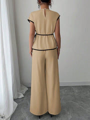 Women 2Pcs Set: Asymmetric Hem Top And Loose Wide Leg Pants