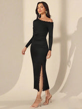 LACE PATCHWORK OBLIQUE SHOULDER SLIM FIT LONG DRESS