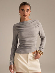BOAT NECK RAGLAN SLEEVE RUCHED ASYMMETRICAL HEM TOP
