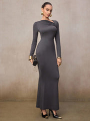 RUCHED SHOULDER LONG SLEEVE FITTED MERMAID HEM DRESS
