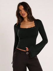 CONTRAST LACE SQUARE NECK FLARE SLEEVE TOP