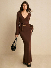 LACE-TRIM WRAP TOP WITH TIE WAIST & HIGH-WAISTED SKIRT