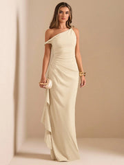 OBLIQUE SHOULDER TWIST KNOT PLEATED HIGH SLIT RUFFLE WRAP LONG DRESS