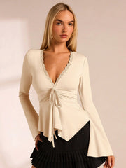 V-NECK RUCHED FLARE SLEEVE CINCHED WAIST TOP