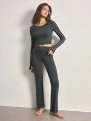 LETTUCE THUMB HOLE CROP TOP & FLARE LEG PANTS LOUNGE SET