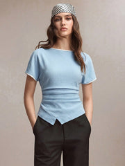 CREW NECK WAIST RUCHING ASYMMETRIC HEM T-SHIRT