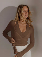 LONG SLEEVE CASUAL FITNESS WRAP TWIST FRONT TOP
