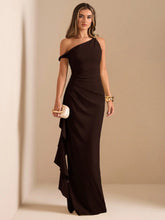 OBLIQUE SHOULDER TWIST KNOT PLEATED HIGH SLIT RUFFLE WRAP LONG DRESS