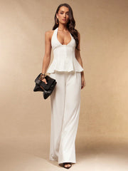 DEEP HALTER-NECK SLEEVELESS TOP PAIRED WITH WIDE-LEG STRAIGHT TROUSER