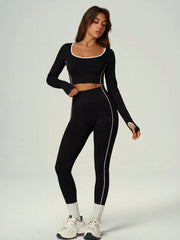 CONTRAST TRIM WORKOUT SET LONG SLEEVE CROP TOP & HIGH WAIST LEGGINGS