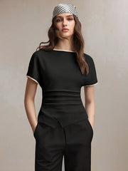 CREW NECK WAIST RUCHING ASYMMETRIC HEM T-SHIRT