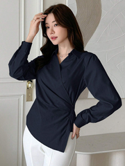 WOMEN'S CASUAL SOLID COLOR LONG SLEEVE WRAP BLOUSE