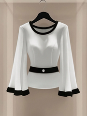 WOMEN'S CONTRAST COLOR SPLICE ROUND NECK CASUAL SHIRT