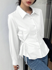 WOMEN'S BUSINESS CASUAL SOLID COLOR LAPEL LONG SLEEVE TIE WAIST BLOUSE