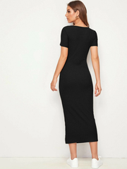 BUTTON DETAIL SPLIT HEM RIB-KNIT DRESS