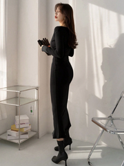WOMEN'S SOLID COLOR V-NECK WRAP TIE FRONT MIDI DRESS WITH LONG SLEEVES