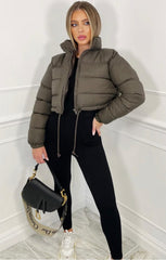 PADDED CROP PUFFER JACKET- OLIVE GREEN