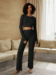 LETTUCE THUMB HOLE CROP TOP & FLARE LEG PANTS LOUNGE SET
