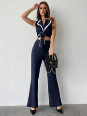 Women's Color Block Suit Collar Top & Flared Pants Set