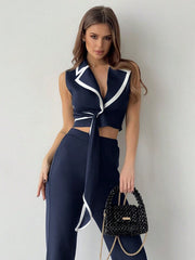 Women's Color Block Suit Collar Top & Flared Pants Set