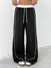COLOR BLOCK DRAWSTRING WAIST WIDE-LEG LOOSE PANTS