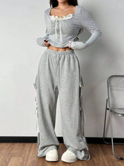 FRILL TRIM FRONT TIE LONG SLEEVE TOP & DRAWSTRING WIDE LEG PANTS