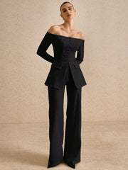 OFF SHOULDER SOLID COLOR BLAZER & LOOSE STRAIGHT LEG PANTS SUIT