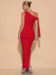 SOLID ASYMMETRICAL NECK TIE-UP RUCHED ELEGANT SIDE SLIT DRESS