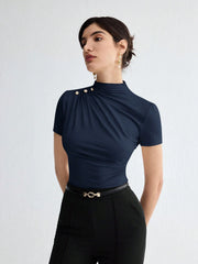 WOMEN'S SOLID COLOR PLEATED ELEGANT SHORT SLEEVE TOP
