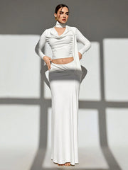 MINIMALIST COWL NECK LONG SLEEVE TOP WITH LOW WAIST RUCHED A-LINE MINI SKIRT