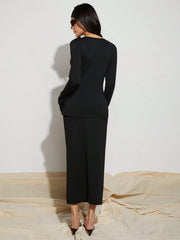 WOMEN SINGLE BREASTED LONG SLEEVE TOP AND PLEATED MINI SKIRT