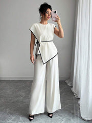 Women 2Pcs Set: Asymmetric Hem Top And Loose Wide Leg Pants