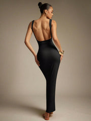 STRETCHY KNIT SQUARE NECK AND LOW BACK MAXI DRESS