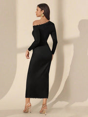 LACE PATCHWORK OBLIQUE SHOULDER SLIM FIT LONG DRESS