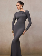 RUCHED SHOULDER LONG SLEEVE FITTED MERMAID HEM DRESS