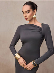 RUCHED SHOULDER LONG SLEEVE FITTED MERMAID HEM DRESS