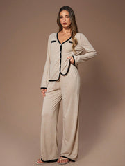 V-NECK LONG SLEEVE CONTRAST TRIM PAJAMA SET