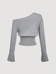 SOLID COLOR OBLIQUE SHOULDER BUTTON GRAY TOP AND PANTS