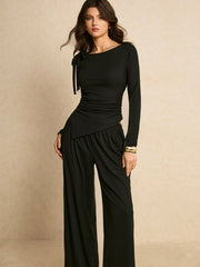 ASYMMETRIC TIE-SHOULDER SLIM-FIT TOP & FLOWY WIDE-LEG TROUSER