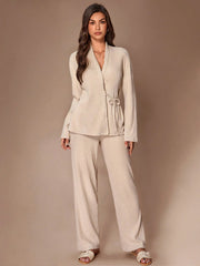 SOLID COLOR LAPEL SIDE TIE LONG SLEEVE PAJAMA SET
